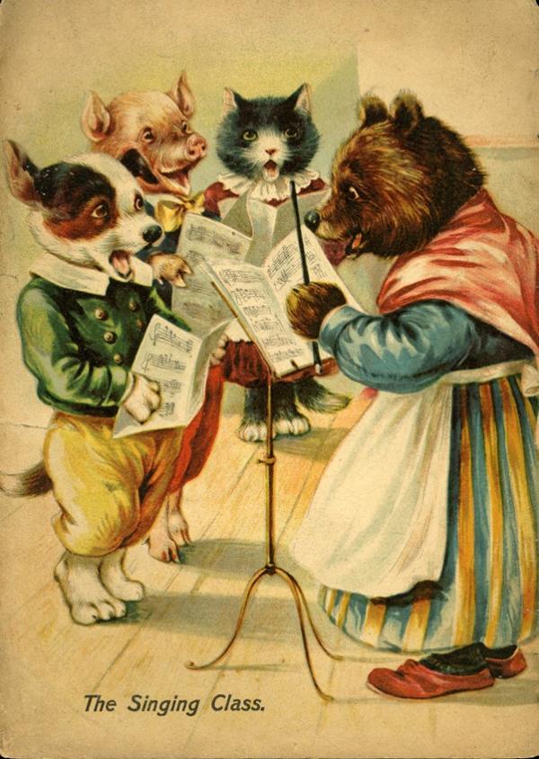 A picture of anthropomorphic animals singing