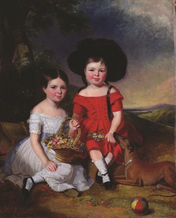 A painting of two young children in historic dress