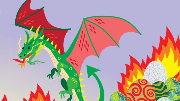 A image of a green dragon flying above colourfully patterned eggs and fire