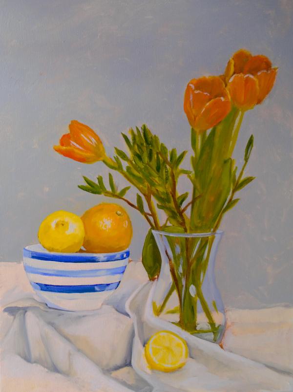 A still life painting featuring a glass vase with orange flowers, a striped blue and white bowl with lemons and an orange, and a draped white cloth against a soft blue background.