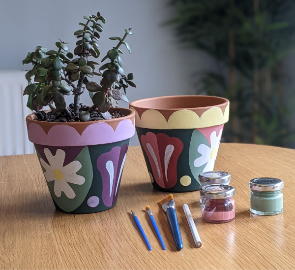 Two colourful hand painted plant pots with a plant