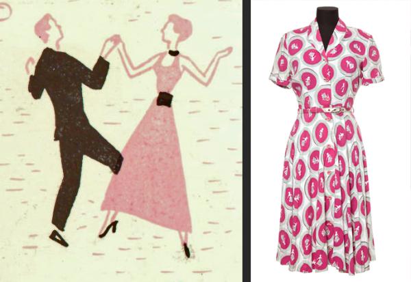 An illustration of people dancing and a photograph of a brightly patterned dress