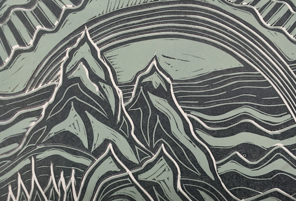 A linocut print of mountains with sky and rainbows in an abstract style, in greens, greys whites and blacks