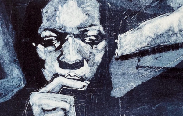 A printed portrait in an abstract style in blacks, greys and blues