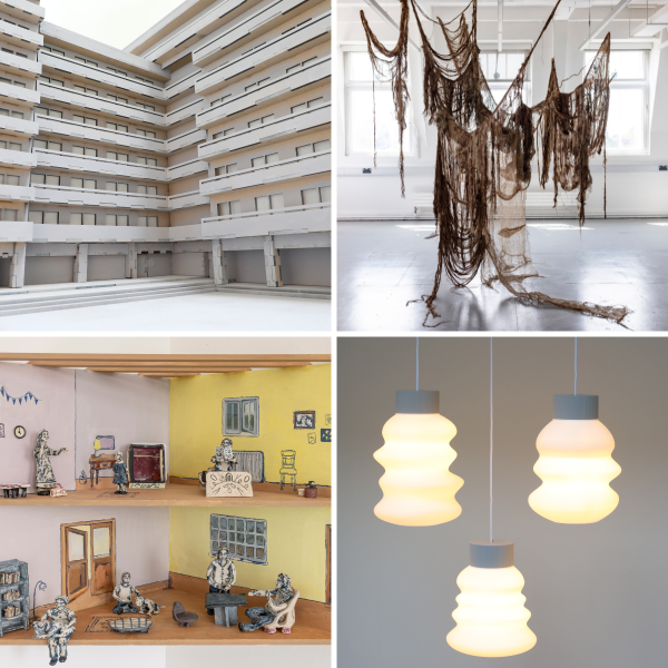 Four images, top row: a close up of an architectural model of a block of flats; a hanging sculpture made from hessian fabric. Bottom row: a close up of the inside of a model house with ceramic people; three hanging lamps against a grey background"