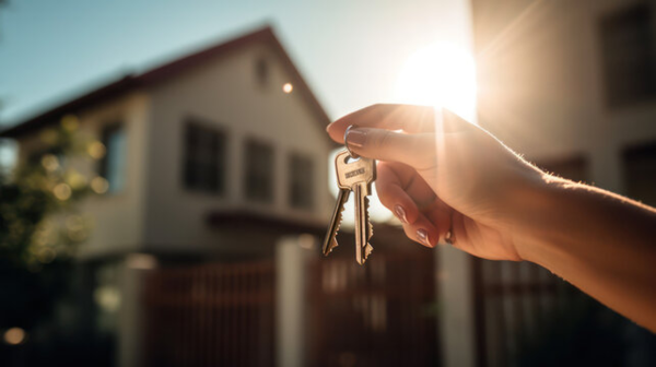 Hand holding keys outside a house 