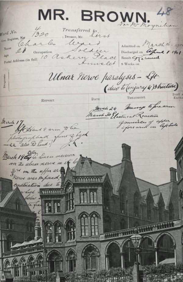 Composite image combining a handwritten hospital case record with a historic photograph of a large Gothic-style hospital building. The document is headed “MR. BROWN” and records treatment for “Ulnar Nerve paralysis - Lft.” with admission and discharge dates from 1901. The lower section shows a multi-storey brick hospital with arched windows, steep roofs and a covered arcade along the frontage.