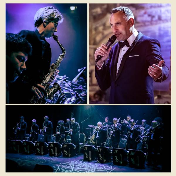 Collage of three images, featuring two men playing saxophones, a man in a tuxedo singing into a microphone, and a big band line-up on stage, all lit by hazy purple spotlights.