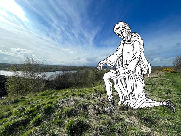Illustration of a man kneeling on the grass next to a lake