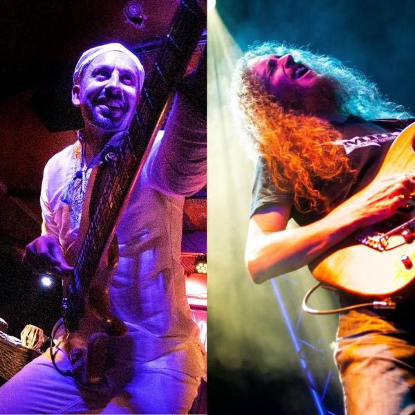 Composite image of Shez Raja and Guthrie Govan both enthusiastically playing guitar on stage.
