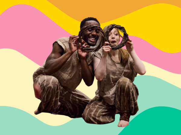 Wavy background. Two people dance and hold willow wreaths.