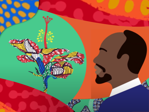 A colourful designed image of a black man in profile looking at a hibiscus flower decorated with ankara patterns.