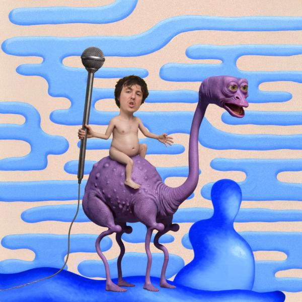 Sam Campbell's face super-imposed onto a small naked body, holding a comically large microphone and riding the back of a purple dinosaur-like creature, surrounded by blue shapes.