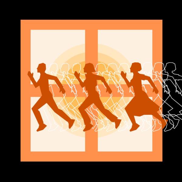 A logo for the show. It is graphic design. Showing the silhouettes of people running with a golden window in the background