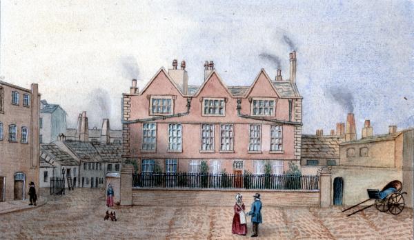 Watercolour illustration of a Georgian-style red-brick building with three gables and tall windows, set behind an iron fence. Smoke rises from chimneys, and several people in period dress stand and walk in the cobbled street in front.