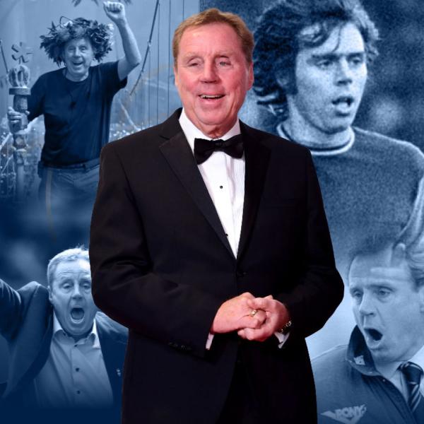 Harry Redknapp in a tuxedo stands smiling in front of a collage of desaturated shots from his life, including Harry on I'm a Celebrity, in a football kit, and on the touch-line as manager.