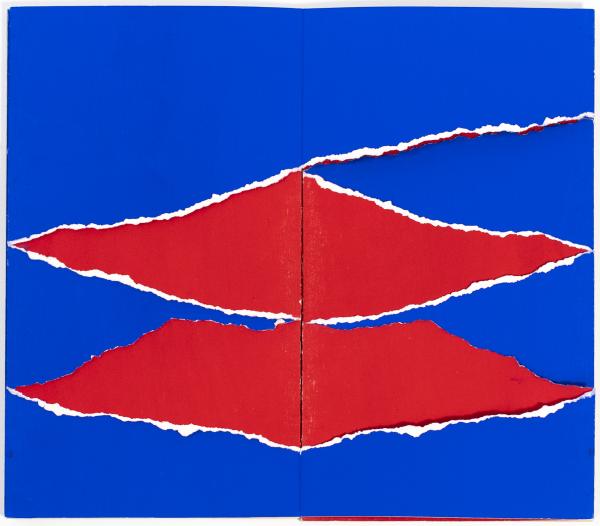 An artist book work. The pages are painted blue on one side, with three tears on the page showing the red-painted reverse side.