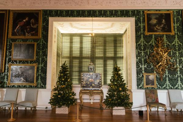 Photograph of a historic room in Temple Newsam House, decorated with a christmas tree.