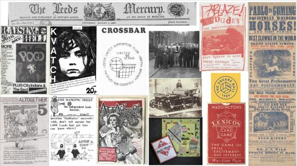 Collage of Leeds cultural and social history artefacts, including historic newspaper mastheads, fanzine covers, posters, photographs, a printing press, board games and community publications spanning the nineteenth and twentieth centuries.