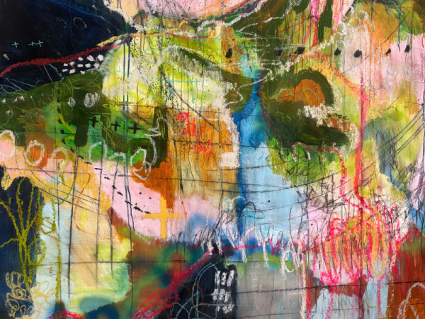 A colourful freely painted abstract work, incorporating drawing in other media