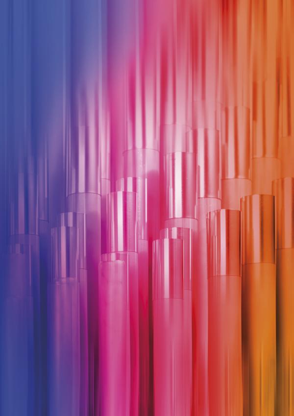 Leeds Cathedral organ pipes overlaid with orange, pink and purple colours.