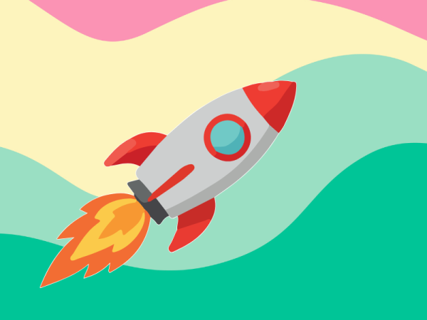 A rocket ship on a wavy background
