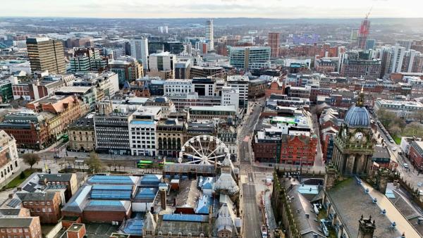 Drone shot over Leeds City Centre 