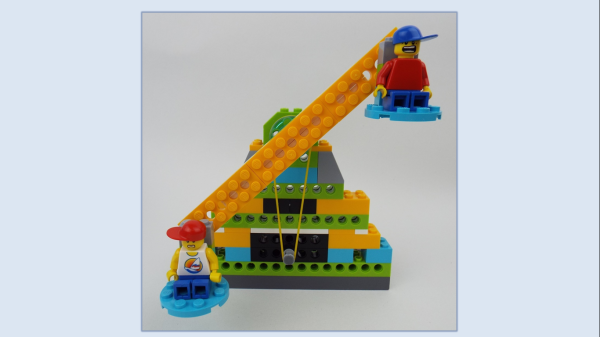 A crane made out of brightly coloured lego.