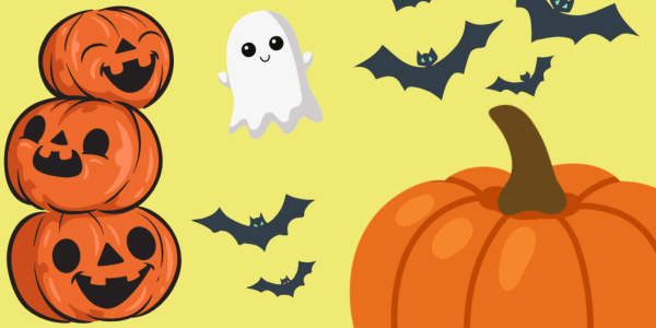 Cartoonish pumpkin, ghosts and bat motifs on a yellow background.
