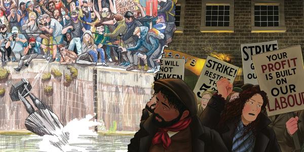 A graphic illustration, on the right is a demonstration with people waving placards in protest. On the left is a toppled statue falling into a river pushed in by a large crowd of people. 