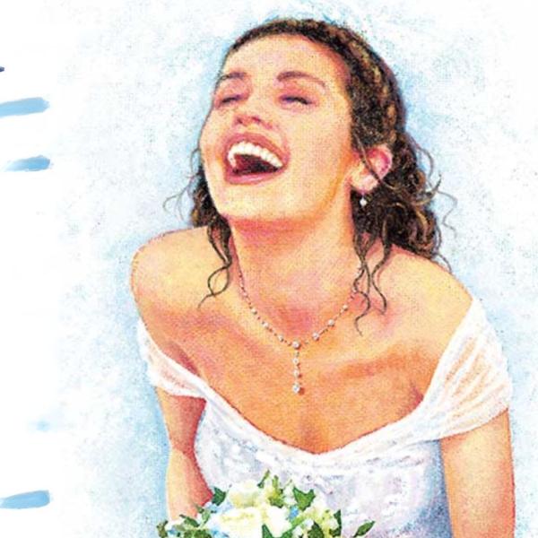 Grainy image of a bride holding a bouquet laughing with text reading: Benny Andersson & Bjorn Ulvaeus. Mamma Mia! The smash hit musical, based on the songs of ABBA.