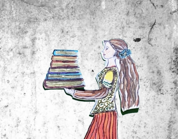 stop motion still, featuring a drawn girl coloured in. She has long brown hair tied back with a blue bobble, a patterned yellow top and stripey orange trousers. she is hold a stack of books in the palm of her hands. 