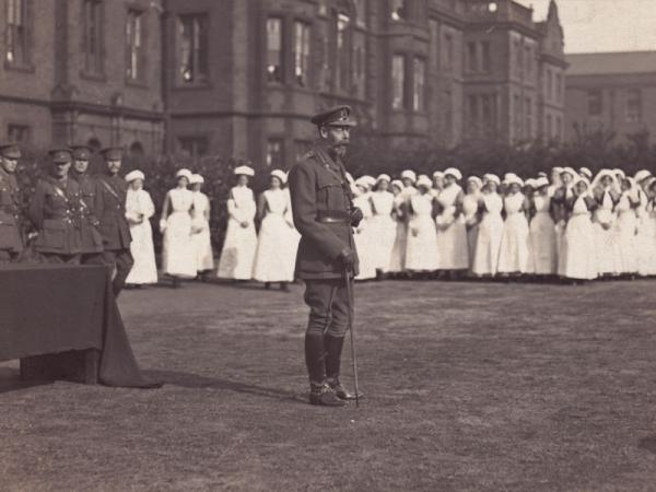 King George V visiting troops and nurses at East Leeds Military Hospital in 1915.