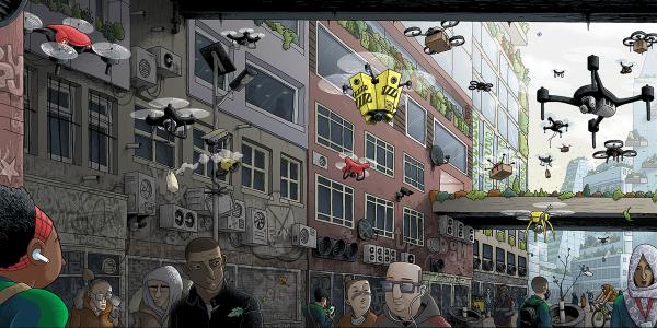 An illustration of a bustling, futuristic city street filled with diverse people and a high concentration of drones.