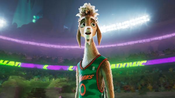 Anthropomorphic goat wearing sports uniform in stadium