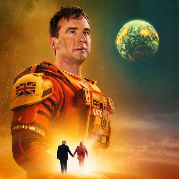 In the style of a sci-fi movie poster, Matt Forde stands proudly in a red space-suit, looking off into the distance. In front of him, there is a silhouette of an astronaut and Donald Trump walking hand-in-hand towards a bright light. 