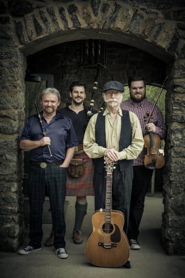 Four piece folk Group with guitar, fiddle, recorder, bagpipes and sporran