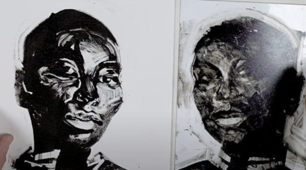 A black and white printed portrait of a woman and the plate it was printed from