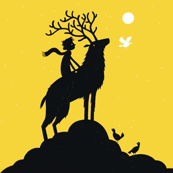 Cartoon silhouette of a child riding on the back of a reindeer, with a scarf blowing in the breeze. They look at a distant moon in the yellow sky, along with a white bird and two black birds.