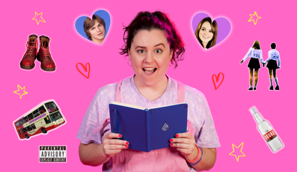 A girl stands in the centre of the image holding an open diary with a shocked face, there are little doodles of hearts and stars surrounding her on a pink background