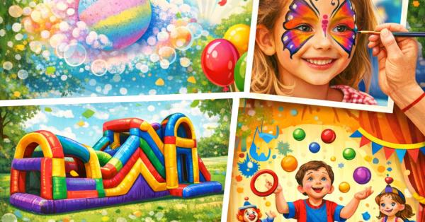 Picture depicting bath bomb making, face painting, inflatable and circus skills