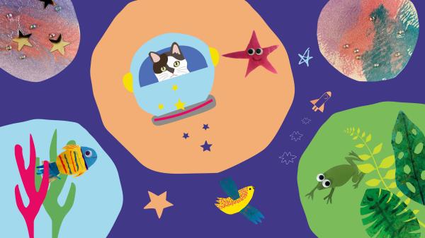 An illustration of a cat in space, a fish, a frog, stars and planets