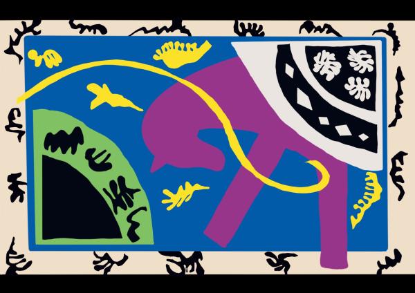 A digital illustration of a purple horse on a blue background. Green, black and white embellishments create a patterned border around the horse.