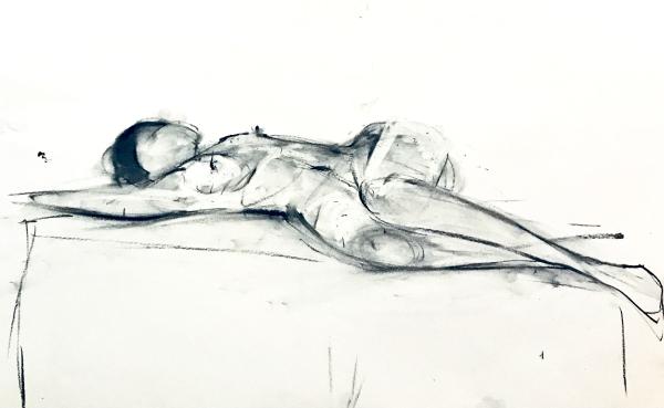 Charcoal life drawing depicting a reclining figure