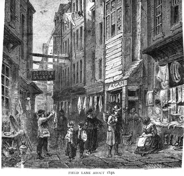 A grainy, black and white picture of Field Lane in the 1840s. There are several graphite drawings of people going about their day on a busy street. 