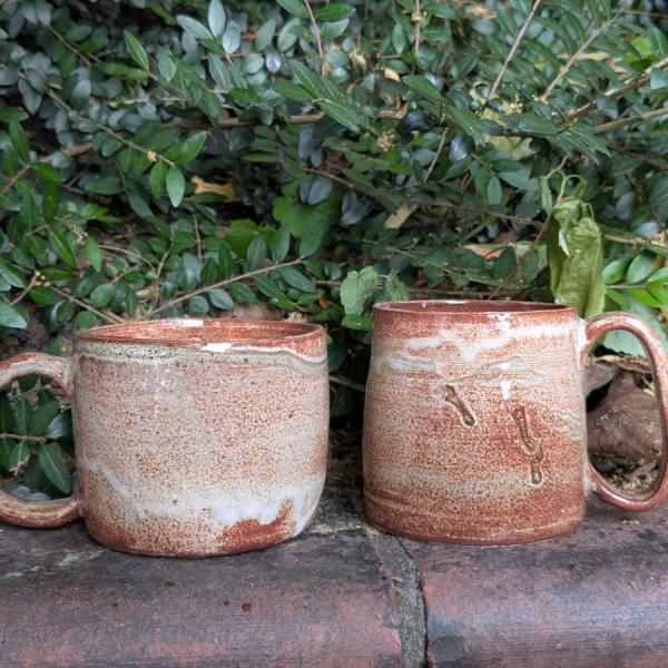 A photograph of two brown mugs sat on a wall with a green hedge behind them