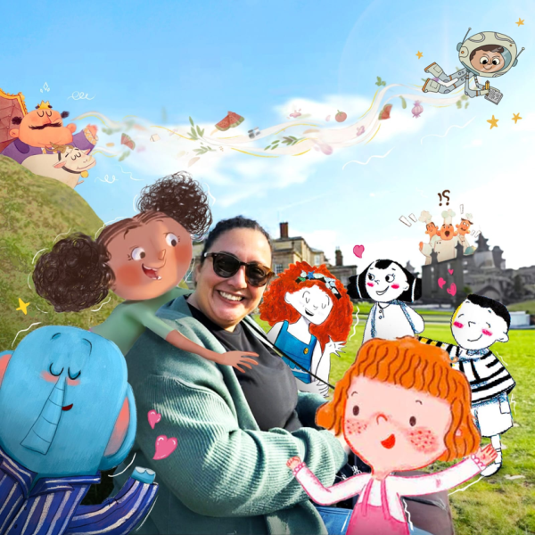 Photo of Manar smiling surrounded by characters from her books