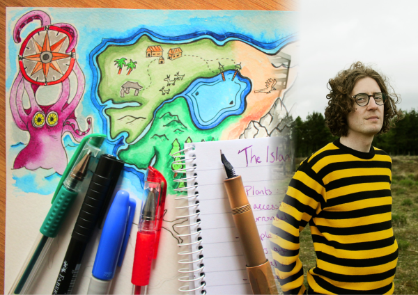 A split-screen style image showing a man with curly hair and glasses on the right, and his artistic workspace on the left, which includes a vibrant fantasy map, a spiral notebook, and several colourful pens.