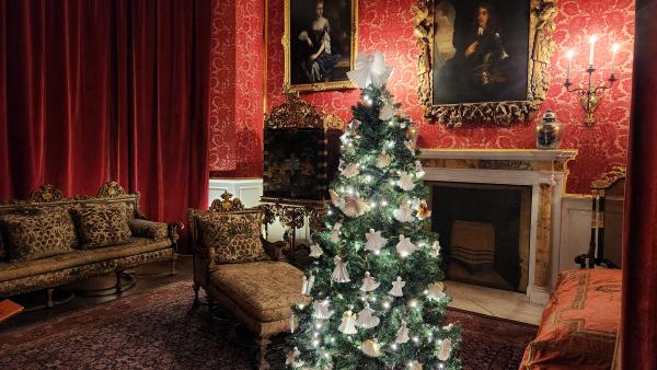 Photograph of a historic room in Temple Newsam House, decorated with a christmas tree.