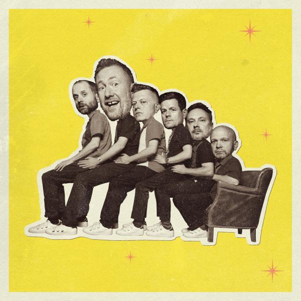 Collage style artwork of members of the Horne Section with oversized heads sat on each others' laps in a row.